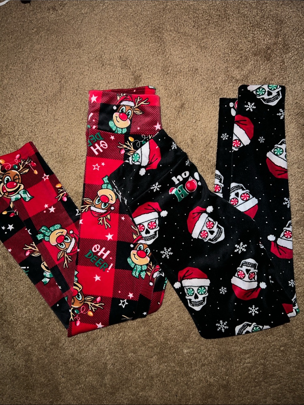 No Boundaries Red & Black Holiday Leggings - Reindeer and Skull Prints
